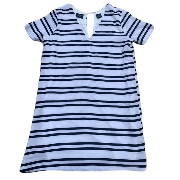 💜 Press Dress White Navy Striped V-Neck Short Sleeve Dress Size Small - Picture 1 of 5
